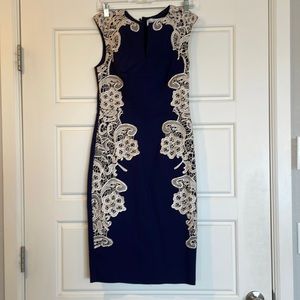Elegant navy pencil dress with ivory lace overlay size 6